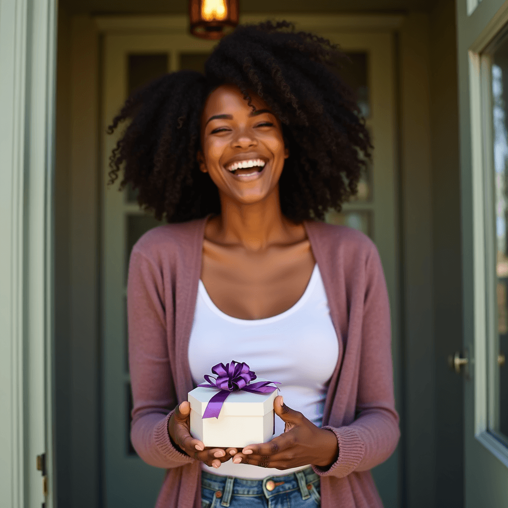 Woman happily receiving monthly medication delivery