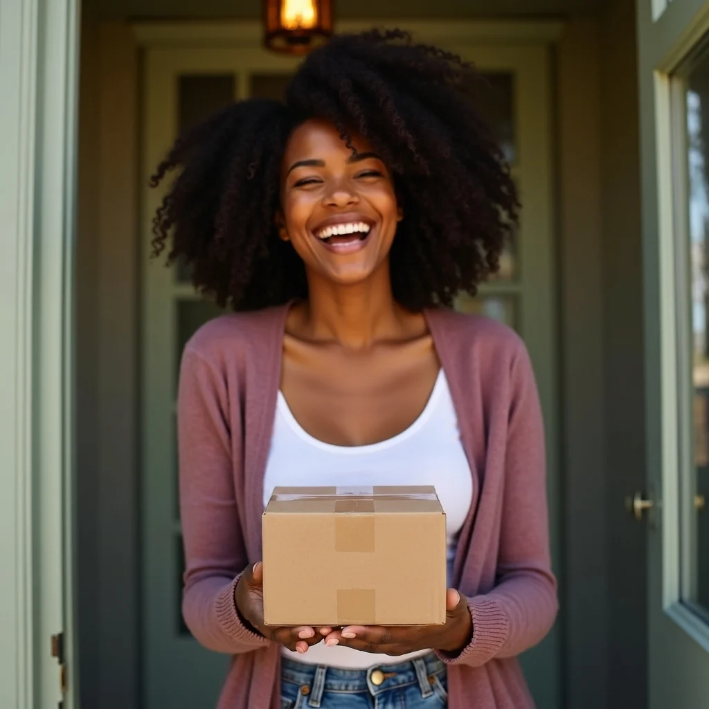 Woman at her front door holding a plain unbranded cardboard shipping box