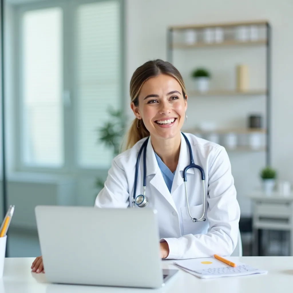 Illustrative photo of a clinician at a laptop during a telehealth call